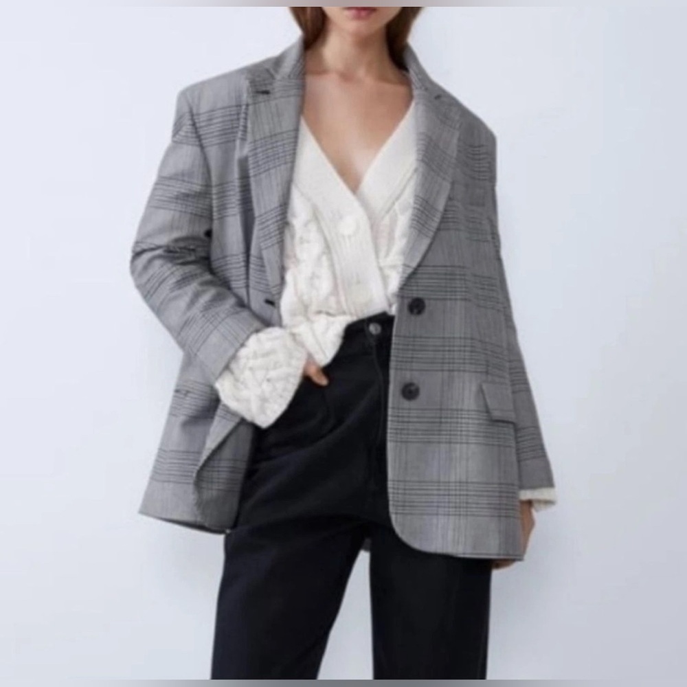 ZARA Gray Plaid Oversized Blogger Favorite Blaze M